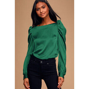 Lulus Love You Dearly Forest Green Satin Long Sleeve Top - Size S